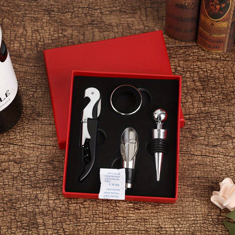 Set of 4 premium metal bottle openers featuring a corkscrew, pour spout, stopper, and foil cutter. Comes in an elegant gift box, no power needed.