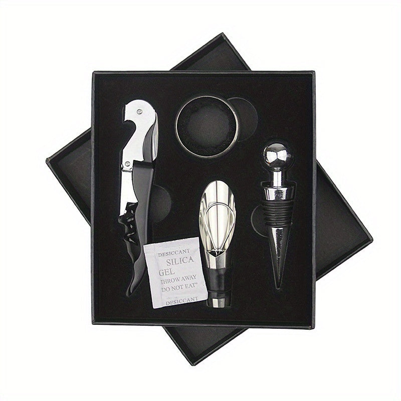 Set of 4 premium metal bottle openers featuring a corkscrew, pour spout, stopper, and foil cutter. Comes in an elegant gift box, no power needed.