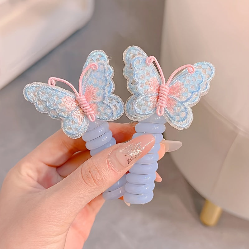 2 boho chic butterfly spiral hair ties - colorful elastic ponytail holders for girls, ideal for parties & holidays, hair accessories