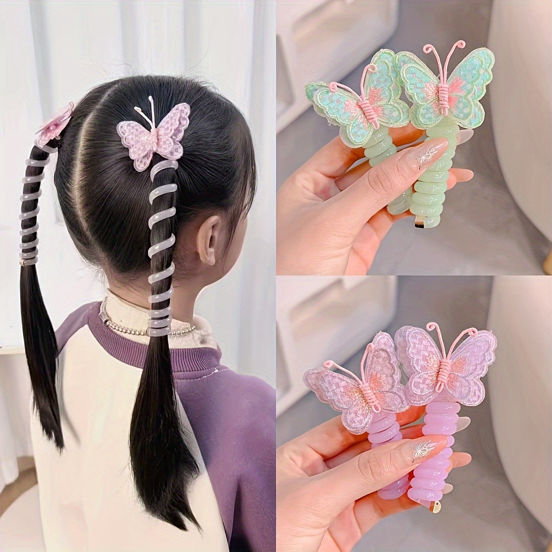 2 boho chic butterfly spiral hair ties - colorful elastic ponytail holders for girls, ideal for parties & holidays, hair accessories