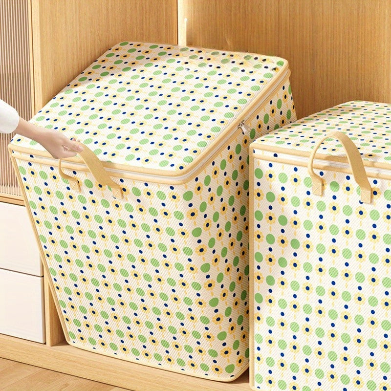 Large Capacity Flower Dot Storage Bag with Waterproof Non-Woven Fabric is a versatile wardrobe organizer perfect for storing clothes, quilts, blankets, toys, snacks and more. Its elegant design and rectangular shape make it a stylish addition to any