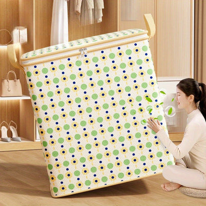 Large Capacity Flower Dot Storage Bag with Waterproof Non-Woven Fabric is a versatile wardrobe organizer perfect for storing clothes, quilts, blankets, toys, snacks and more. Its elegant design and rectangular shape make it a stylish addition to any