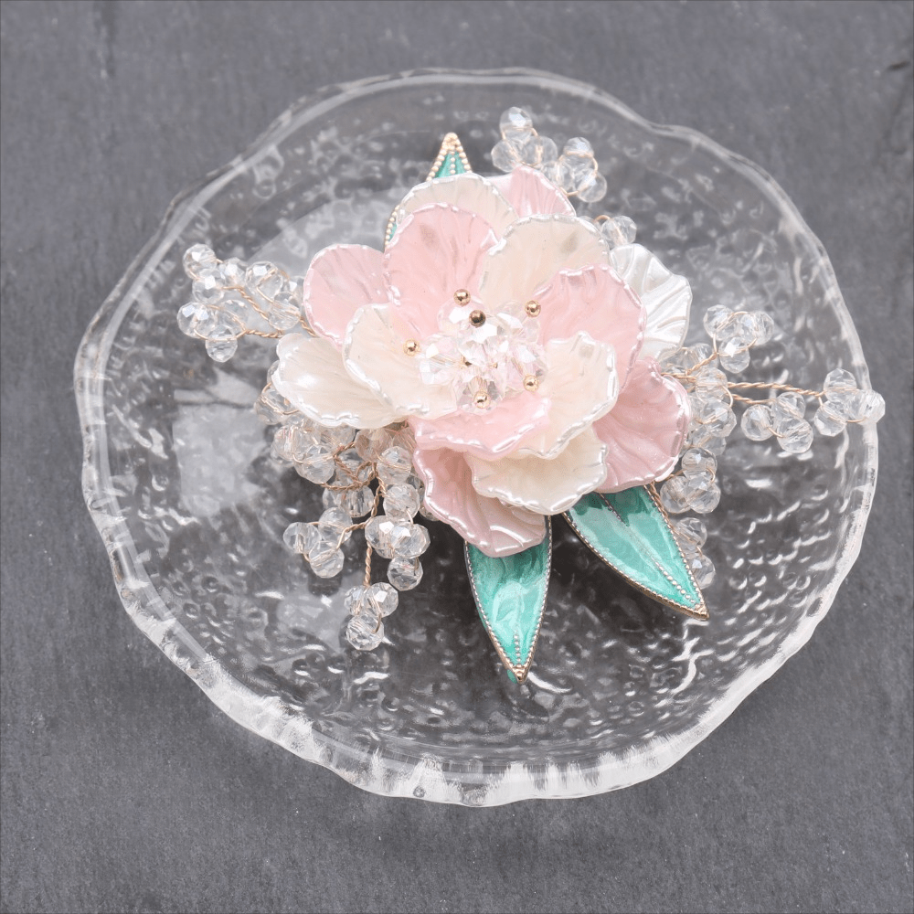 Stylish Pink Floral Brooch adorned with Sparkling Crystals - Ideal for Formal Events