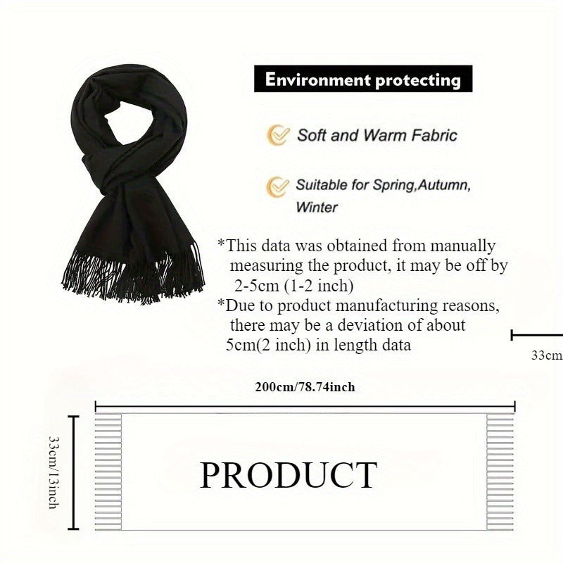 Soft and warm polyester shawl for men with tassels - Stylish and comfortable solid color scarf, ideal for fall and winter season.