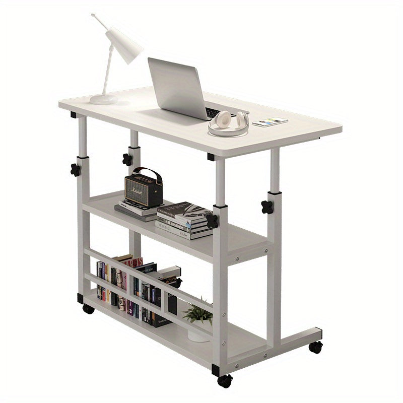 Mobile computer desk with adjustable height and multi-layer storage shelves, modern wooden bedside table/laptop stand, space-saving home office workstation with smooth casters.