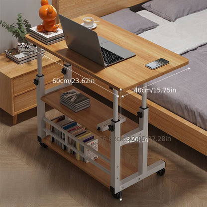 Mobile computer desk with adjustable height and multi-layer storage shelves, modern wooden bedside table/laptop stand, space-saving home office workstation with smooth casters.