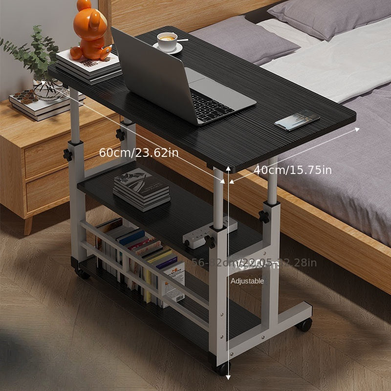 Mobile computer desk with adjustable height and multi-layer storage shelves, modern wooden bedside table/laptop stand, space-saving home office workstation with smooth casters.