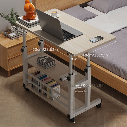 Mobile computer desk with adjustable height and multi-layer storage shelves, modern wooden bedside table/laptop stand, space-saving home office workstation with smooth casters.