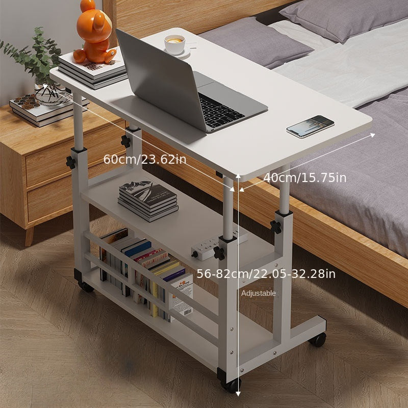 Mobile computer desk with adjustable height and multi-layer storage shelves, modern wooden bedside table/laptop stand, space-saving home office workstation with smooth casters.