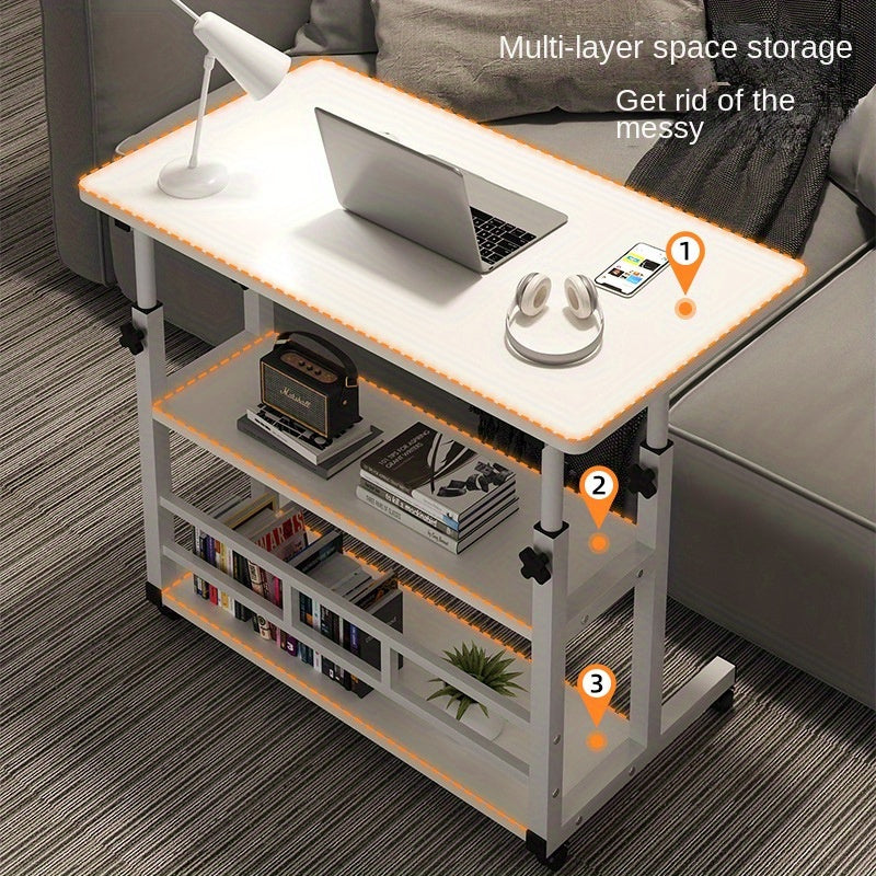 Mobile computer desk with adjustable height and multi-layer storage shelves, modern wooden bedside table/laptop stand, space-saving home office workstation with smooth casters.