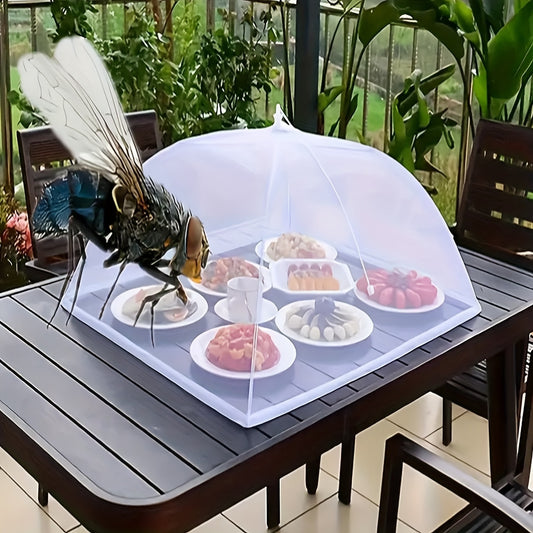 White mesh food cover tent for insect-free cooking and outdoor use, large pop-up screen net for picnics and barbecues.