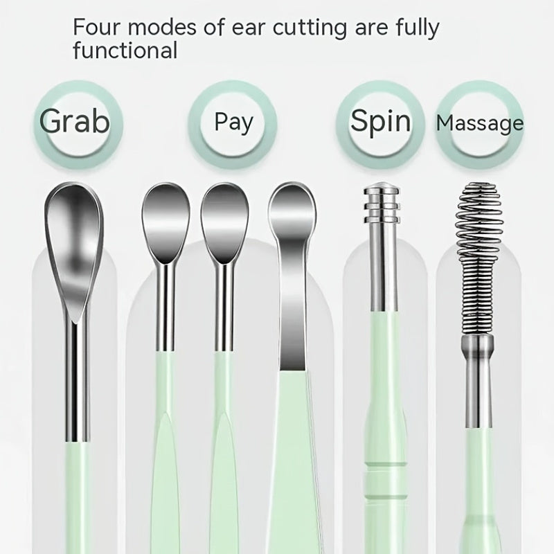 New stainless steel ear picking spoon set, spiral design, 6 pieces, for adult ear cleaning without electricity.