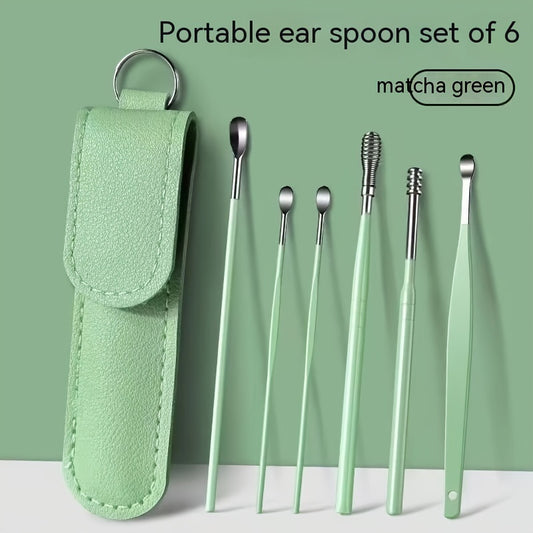 New stainless steel ear picking spoon set, spiral design, 6 pieces, for adult ear cleaning without electricity.