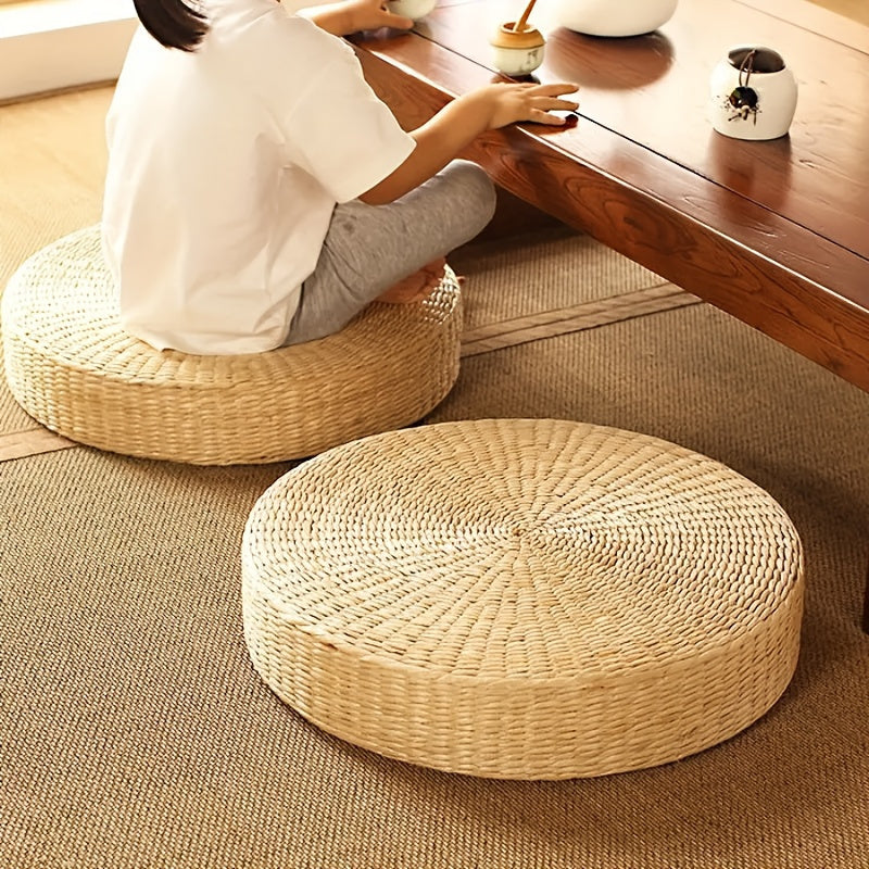 This unique Handmade Round Grass Cushion with Tray features a thick dandelion fiber weave and is perfect for bay windows and tatami seating. Made without wood and electricity, this cushion is both stylish and eco-friendly.