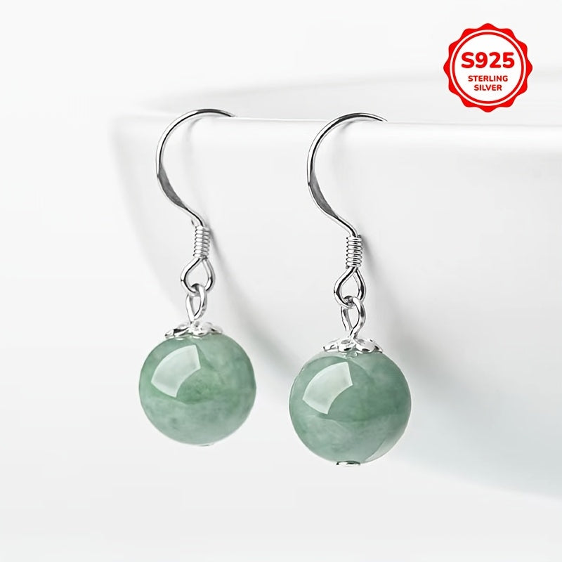 Luxurious Tribal Style Dangle Earrings with Synthetic October Birthstone Jade, S925 Sterling Silver Plated, Featuring Fashionable Imitation Jade Pendant. Perfect for Daily Wear or Gifting, Ideal accessory for Christmas Holiday Parties.