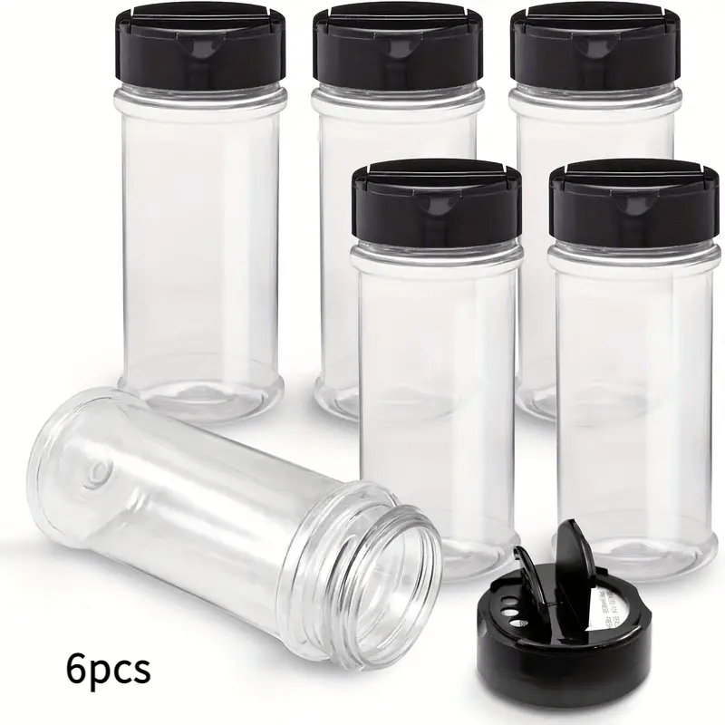 Set of 6 Spice Jars with Shaker Lids - Strong PET Kitchen & BBQ Seasoning Bottles for Camping, Picnics, and Outdoor Cooking