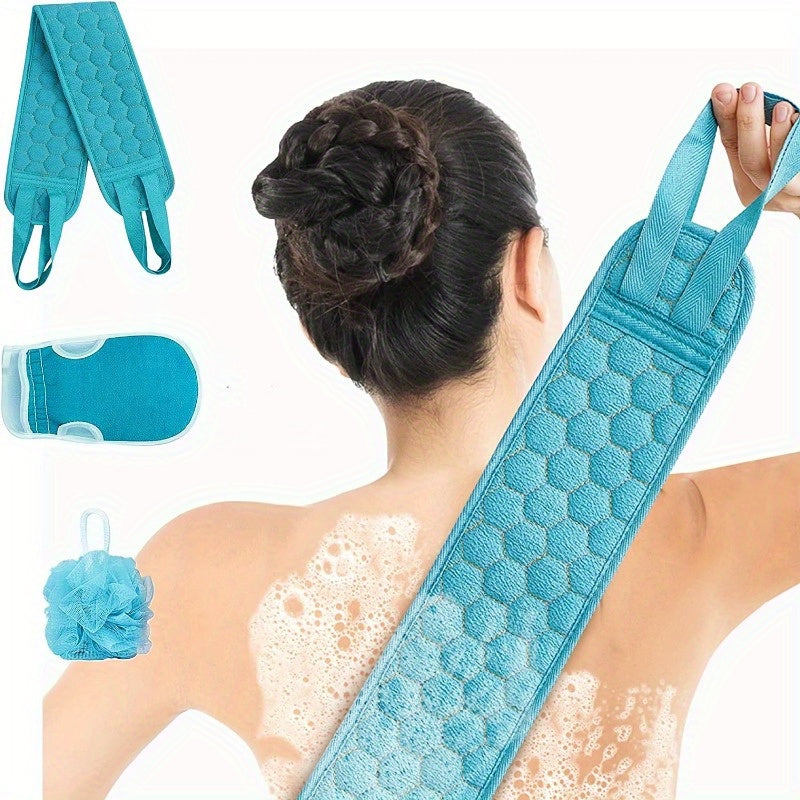 Exfoliating Bath Set includes a Long Handle Back Scrubber, Bath Sponge, and Mud Removing Glove made of plastic for easy back washing.