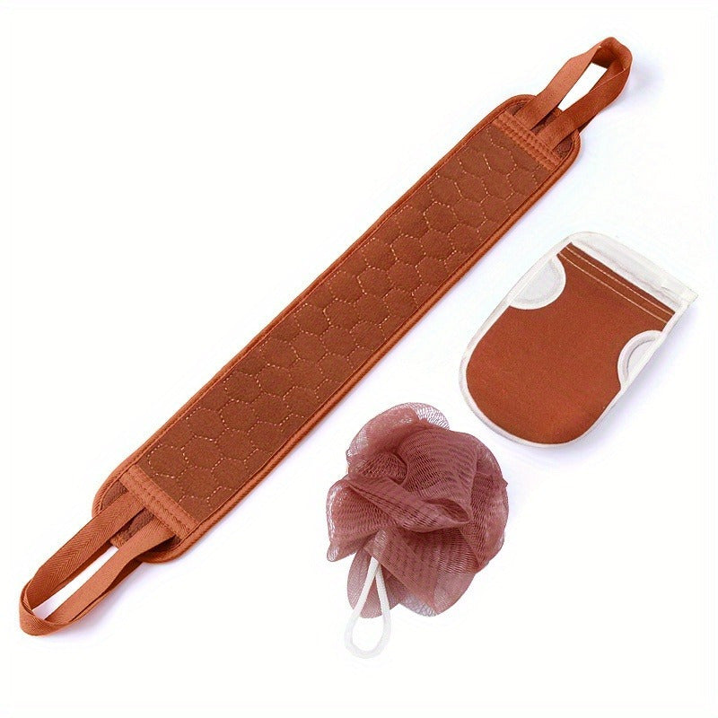 Exfoliating Bath Set includes a Long Handle Back Scrubber, Bath Sponge, and Mud Removing Glove made of plastic for easy back washing.