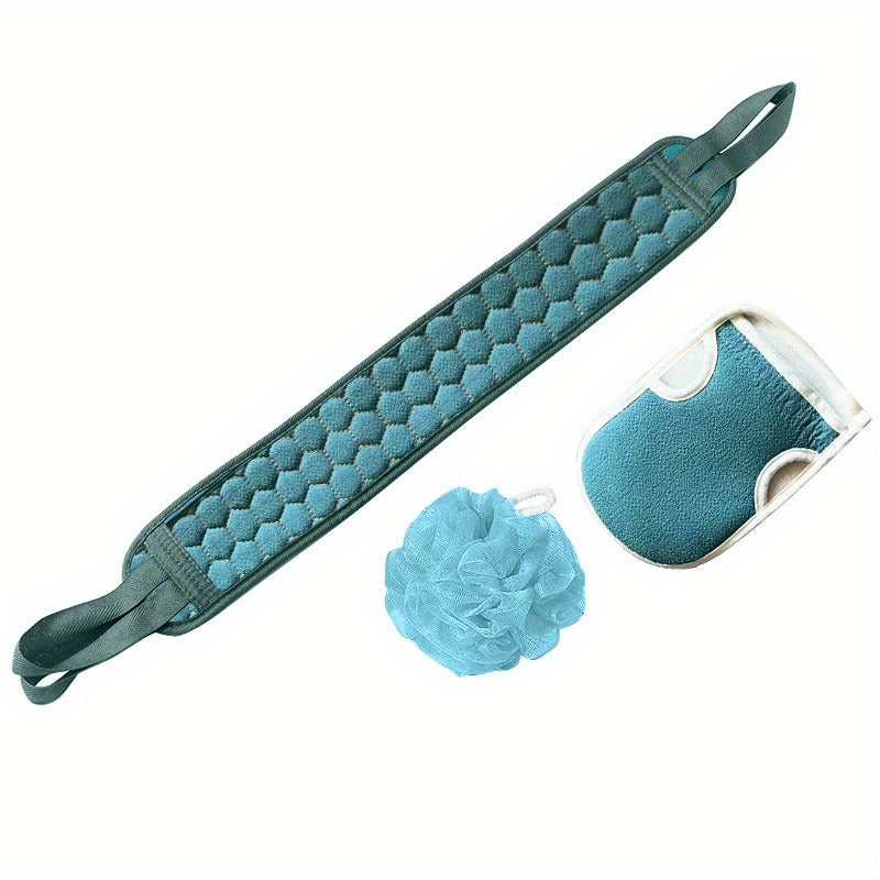 Exfoliating Bath Set includes a Long Handle Back Scrubber, Bath Sponge, and Mud Removing Glove made of plastic for easy back washing.