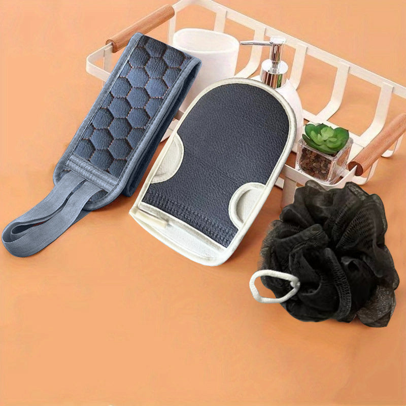 Exfoliating Bath Set includes a Long Handle Back Scrubber, Bath Sponge, and Mud Removing Glove made of plastic for easy back washing.