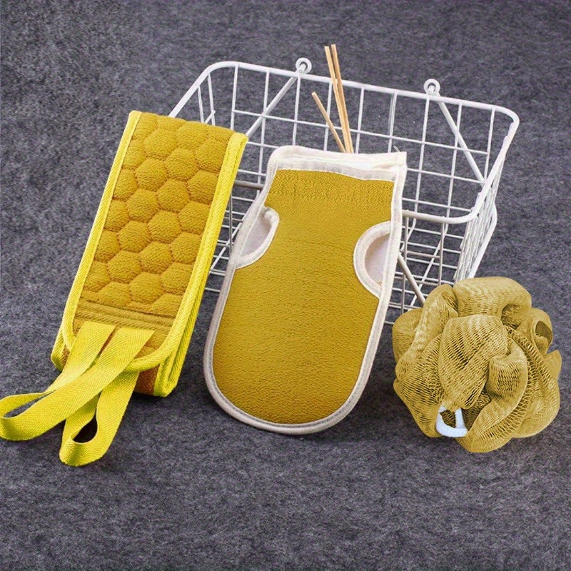 Exfoliating Bath Set includes a Long Handle Back Scrubber, Bath Sponge, and Mud Removing Glove made of plastic for easy back washing.