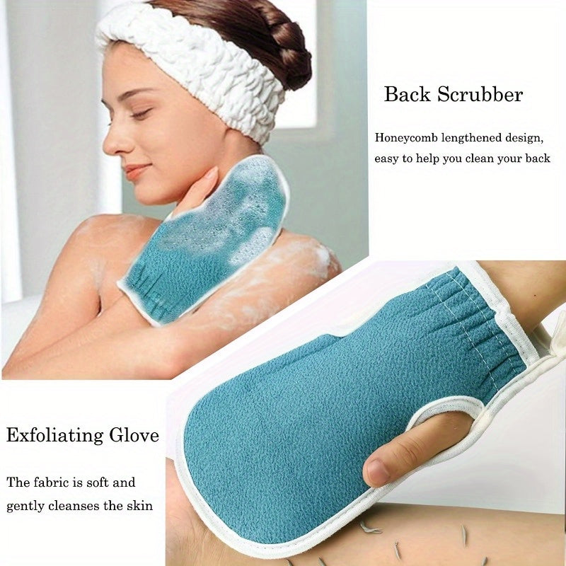 Exfoliating Bath Set includes a Long Handle Back Scrubber, Bath Sponge, and Mud Removing Glove made of plastic for easy back washing.