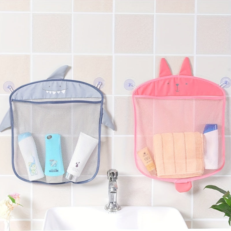 1pc Shark-themed hanging bath storage basket in gray, pink, or blue with mesh design for easy access to organize toys and bathroom essentials.