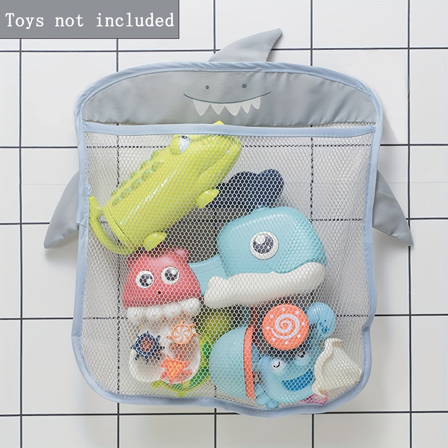 1pc Shark-themed hanging bath storage basket in gray, pink, or blue with mesh design for easy access to organize toys and bathroom essentials.