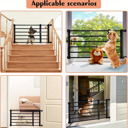 Adjustable pet gate for dogs & cats with carbon steel frame, ideal for doorways and stairs