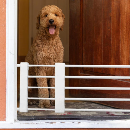 Adjustable pet gate for dogs & cats with carbon steel frame, ideal for doorways and stairs