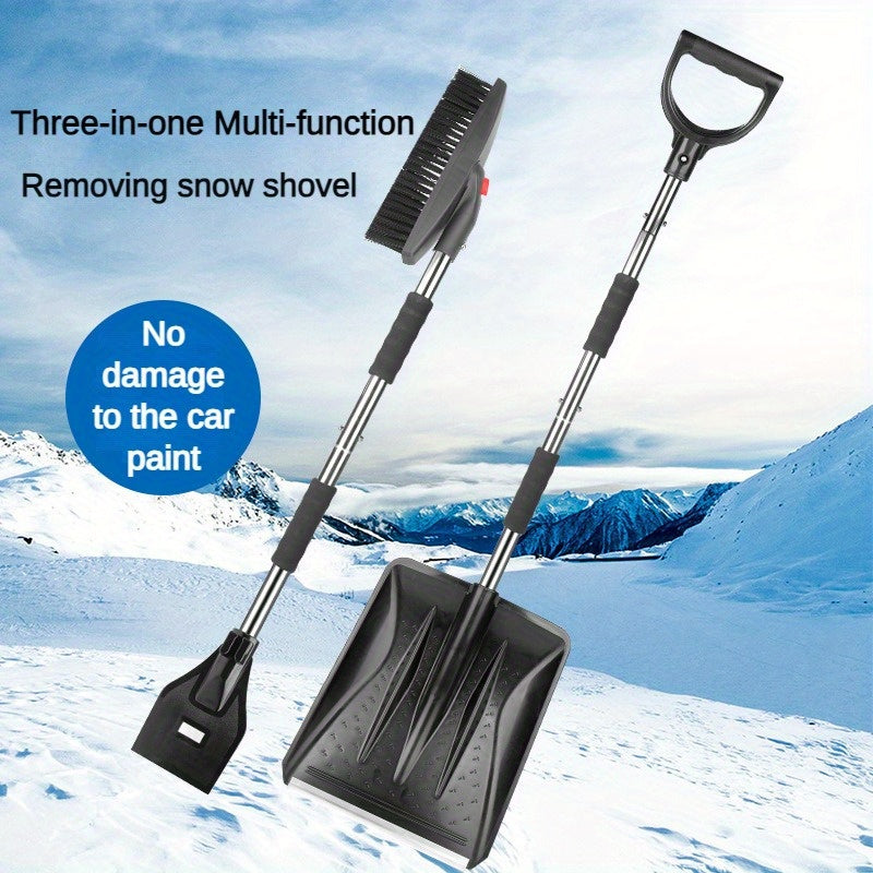 WinterMaster 3-in-1 Telescopic Car Snow Shovel with Stainless Steel Rotatable Ice Scraper and Detachable Long Grip Snow Brush. This tool is designed to efficiently remove snow without damaging your car's paint, and features an adjustable length for