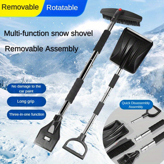 WinterMaster 3-in-1 Telescopic Car Snow Shovel with Stainless Steel Rotatable Ice Scraper and Detachable Long Grip Snow Brush. This tool is designed to efficiently remove snow without damaging your car's paint, and features an adjustable length for