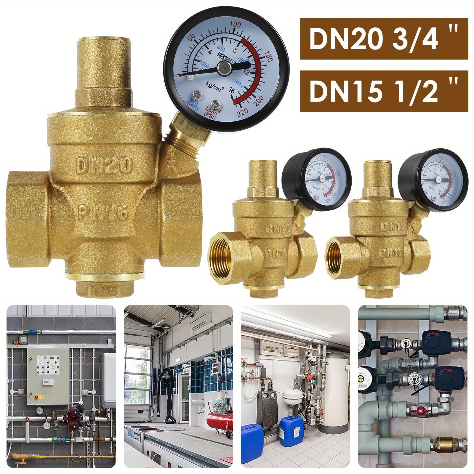 Brass water pressure regulator valve with pressure gauge for water and oil systems. Adjustable for 3/4" DN20 & 1/2" DN15. Metal construction without standard connector thread.