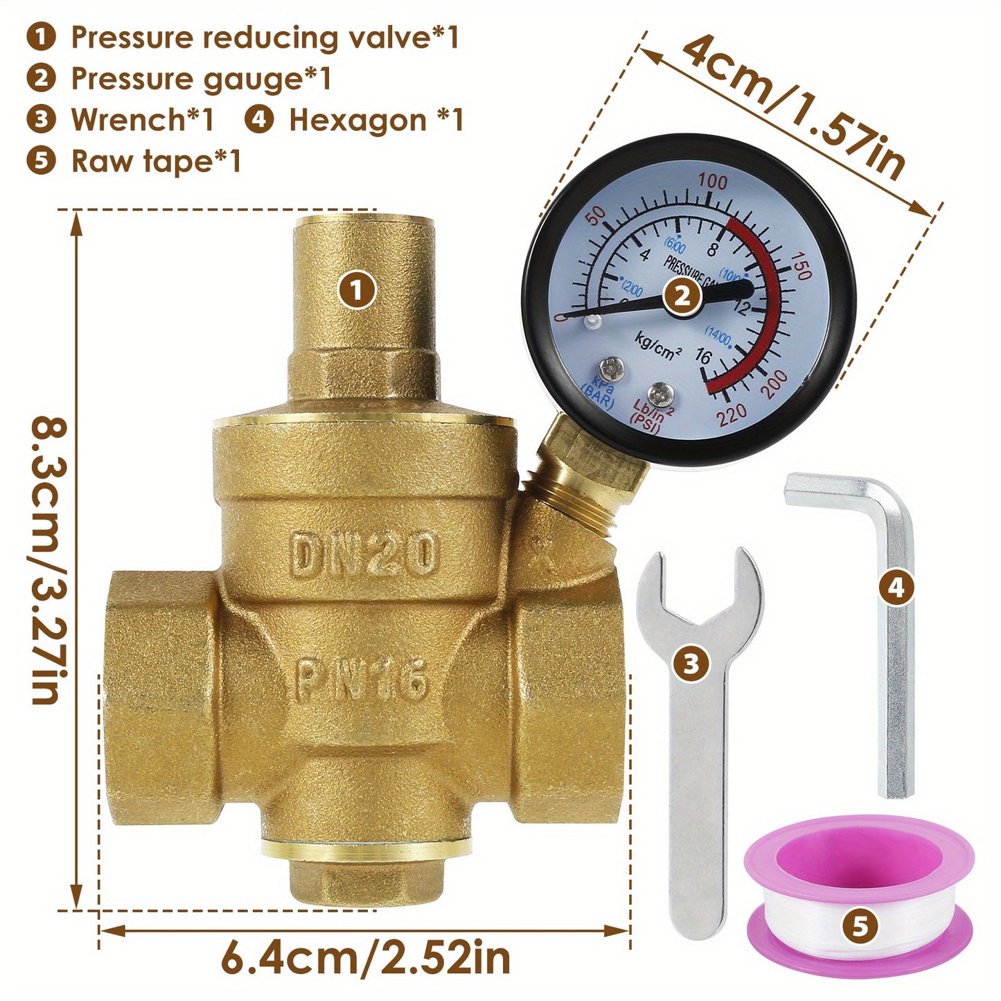 Brass water pressure regulator valve with pressure gauge for water and oil systems. Adjustable for 3/4" DN20 & 1/2" DN15. Metal construction without standard connector thread.