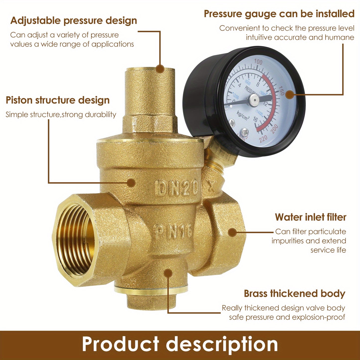 Brass water pressure regulator valve with pressure gauge for water and oil systems. Adjustable for 3/4" DN20 & 1/2" DN15. Metal construction without standard connector thread.