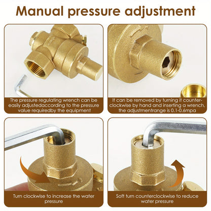 Brass water pressure regulator valve with pressure gauge for water and oil systems. Adjustable for 3/4" DN20 & 1/2" DN15. Metal construction without standard connector thread.