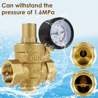 Brass water pressure regulator valve with pressure gauge for water and oil systems. Adjustable for 3/4" DN20 & 1/2" DN15. Metal construction without standard connector thread.