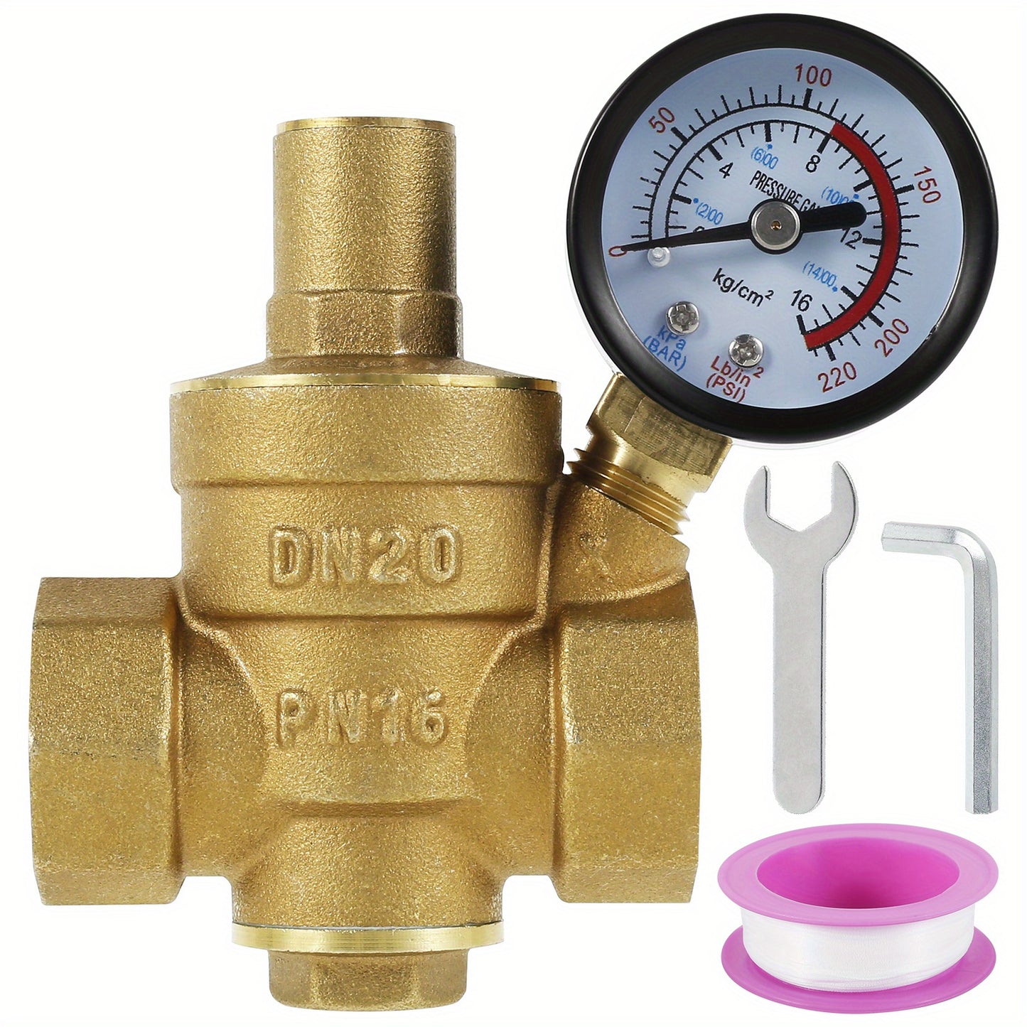 Brass water pressure regulator valve with pressure gauge for water and oil systems. Adjustable for 3/4" DN20 & 1/2" DN15. Metal construction without standard connector thread.