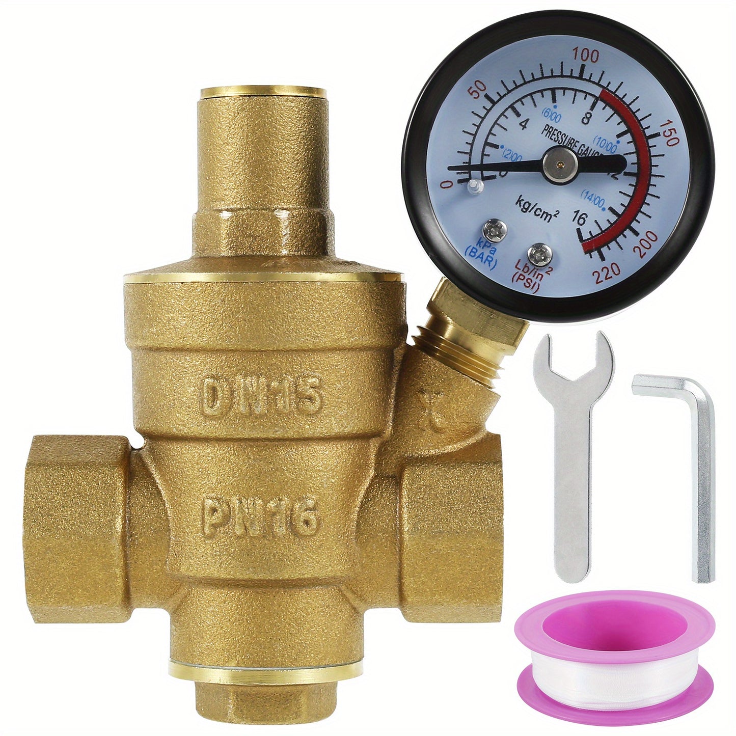 Brass water pressure regulator valve with pressure gauge for water and oil systems. Adjustable for 3/4" DN20 & 1/2" DN15. Metal construction without standard connector thread.