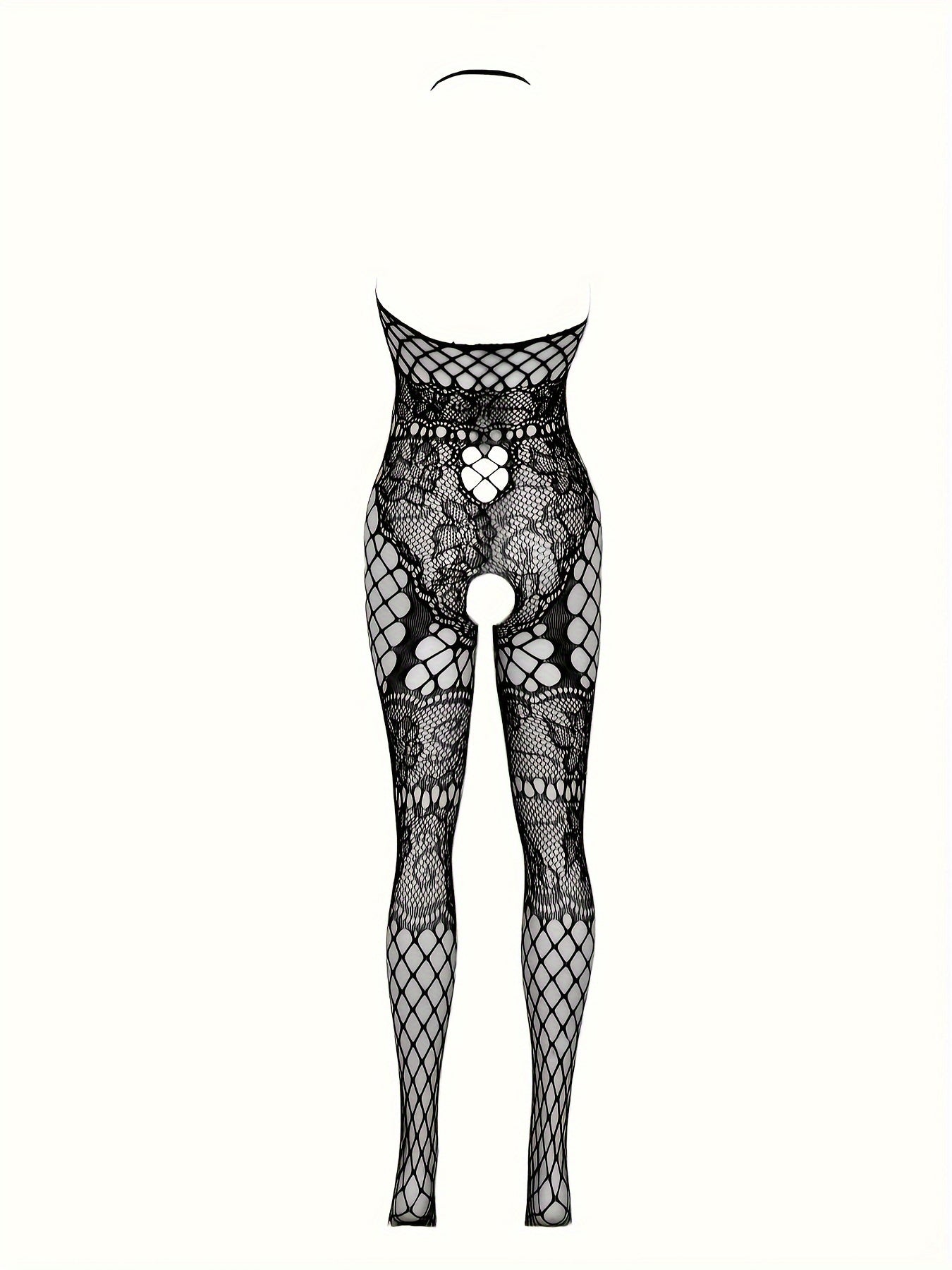 Sexy floral jacquard fishnet bodystocking with open crotch and halter back, perfect for lingerie.