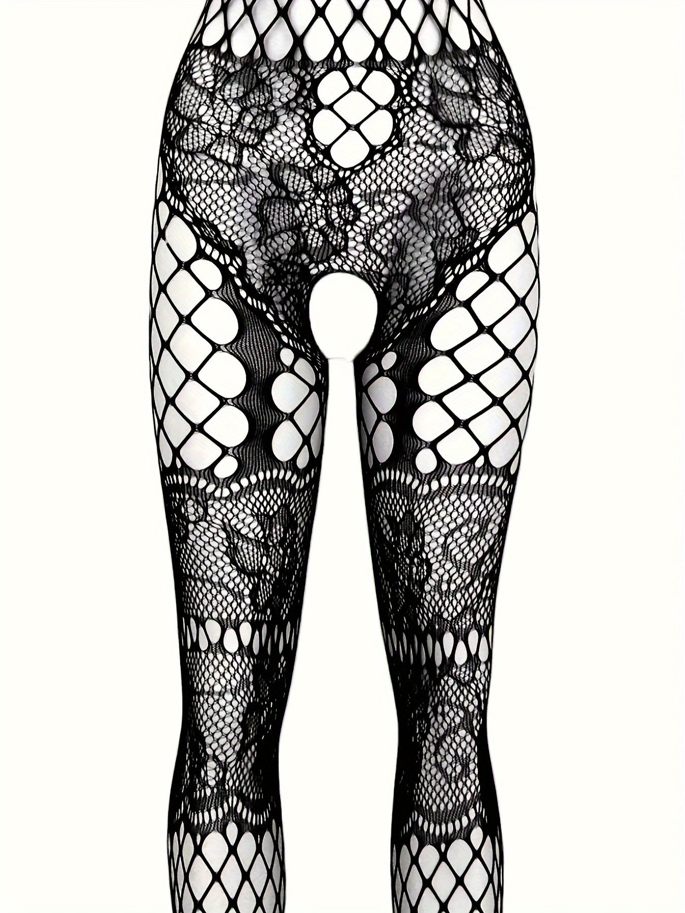 Sexy floral jacquard fishnet bodystocking with open crotch and halter back, perfect for lingerie.