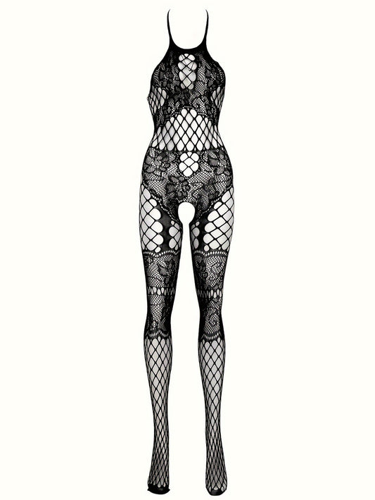 Sexy floral jacquard fishnet bodystocking with open crotch and halter back, perfect for lingerie.