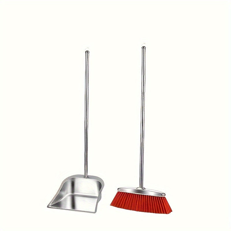 Stainless steel broom and dustpan set with beveled edge design for corner cleaning, ideal for home, office, school, or dorm.