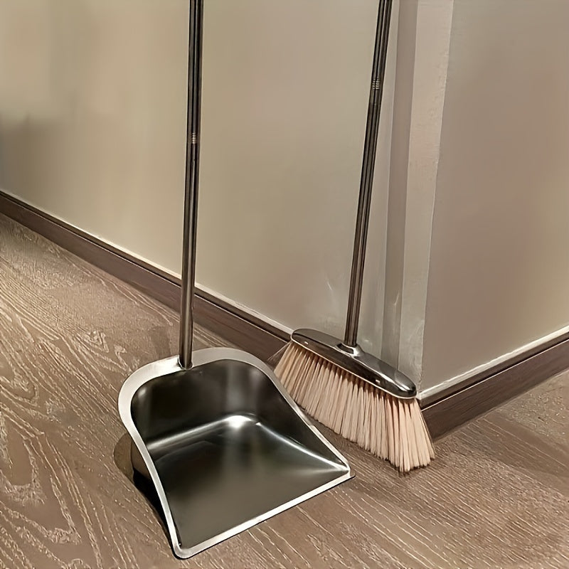 Stainless steel broom and dustpan set with beveled edge design for corner cleaning, ideal for home, office, school, or dorm.