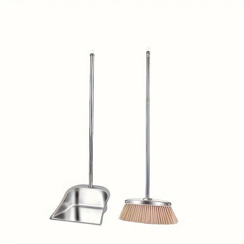 Stainless steel broom and dustpan set with beveled edge design for corner cleaning, ideal for home, office, school, or dorm.