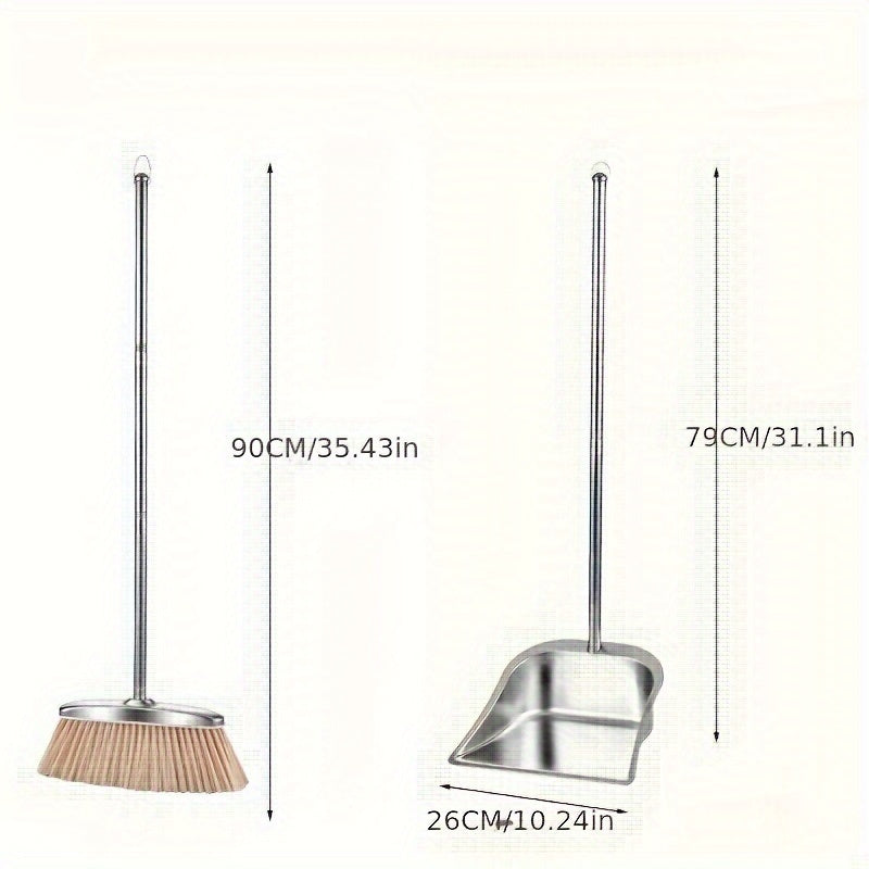 Stainless steel broom and dustpan set with beveled edge design for corner cleaning, ideal for home, office, school, or dorm.