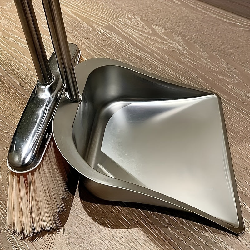 Stainless steel broom and dustpan set with beveled edge design for corner cleaning, ideal for home, office, school, or dorm.