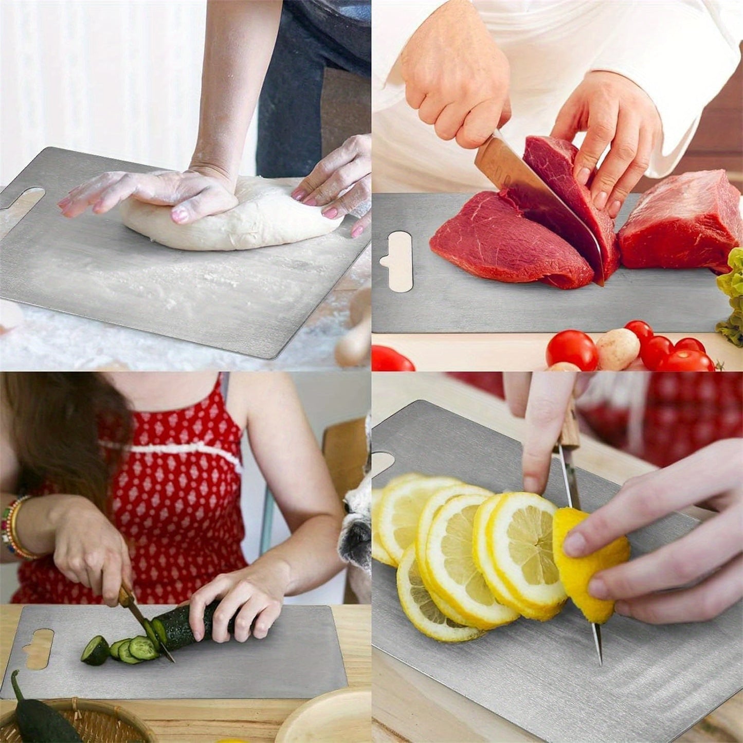 High-quality 304 stainless steel kitchen cutting board - featuring dual-sided surface, food-safe materials - perfect for cutting meat, fruit, and vegetables - easy to clean and portable for convenient use in home cooking - ready for food contact.