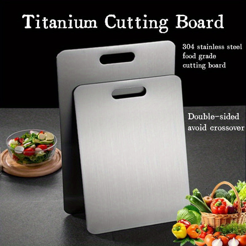 High-quality 304 stainless steel kitchen cutting board - featuring dual-sided surface, food-safe materials - perfect for cutting meat, fruit, and vegetables - easy to clean and portable for convenient use in home cooking - ready for food contact.