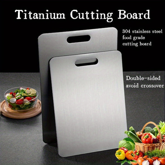 High-quality 304 stainless steel kitchen cutting board - featuring dual-sided surface, food-safe materials - perfect for cutting meat, fruit, and vegetables - easy to clean and portable for convenient use in home cooking - ready for food contact.